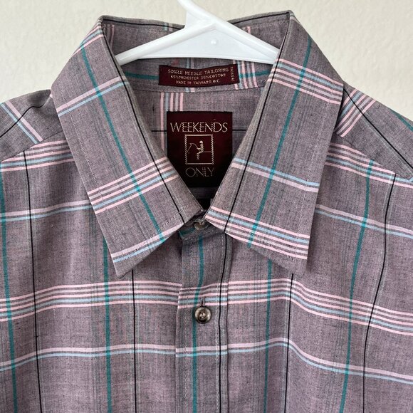 Weekends Only Plaid Pink Grey Long Sleeve Button Up Flat Hem Shirt Medium - Picture 4 of 10